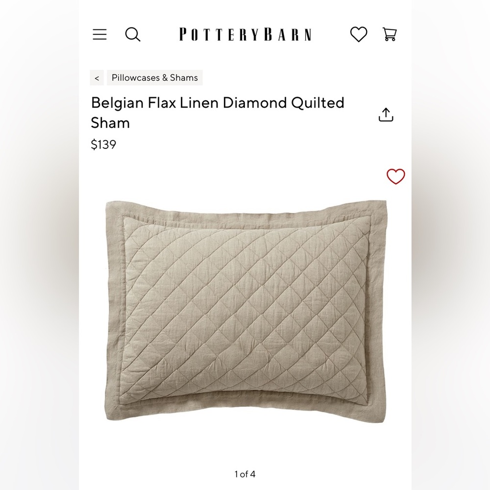 Pottery Barn dark flax Belgian linen quilted standard sham